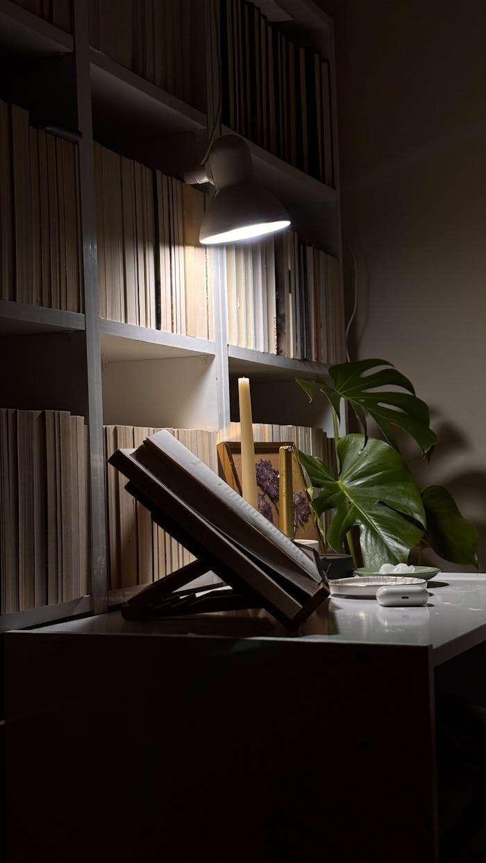 A tranquil reading corner with a book opened under a warm lamp, surrounded by shelves of books and a houseplant.